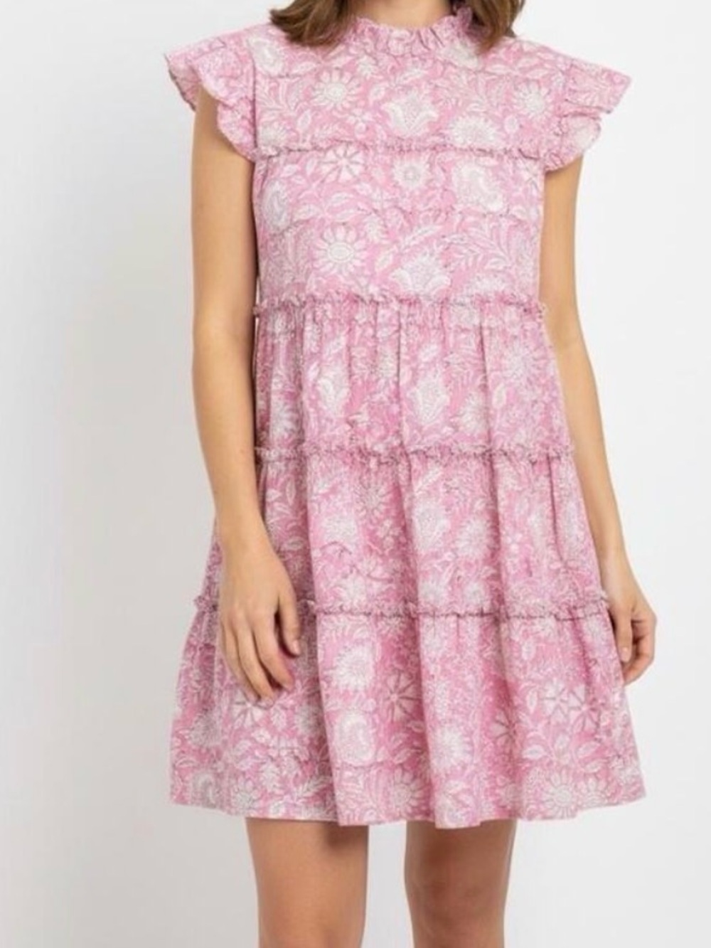 Hampton House Dress Womens Pink Floral Ruffle Tiered Swing Boho Mini